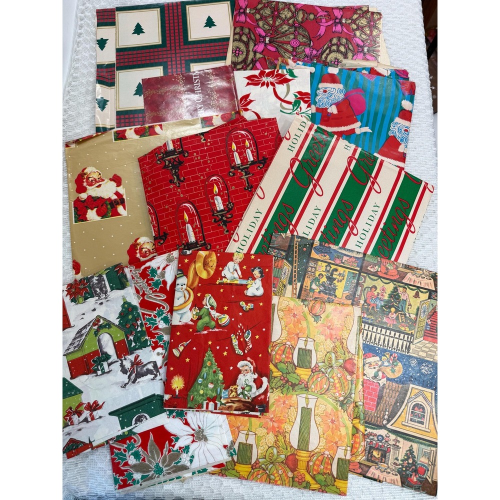 Vintage Christmas Wrapping Paper Bundle - Santa, Holly, Christmas Tree, Retro